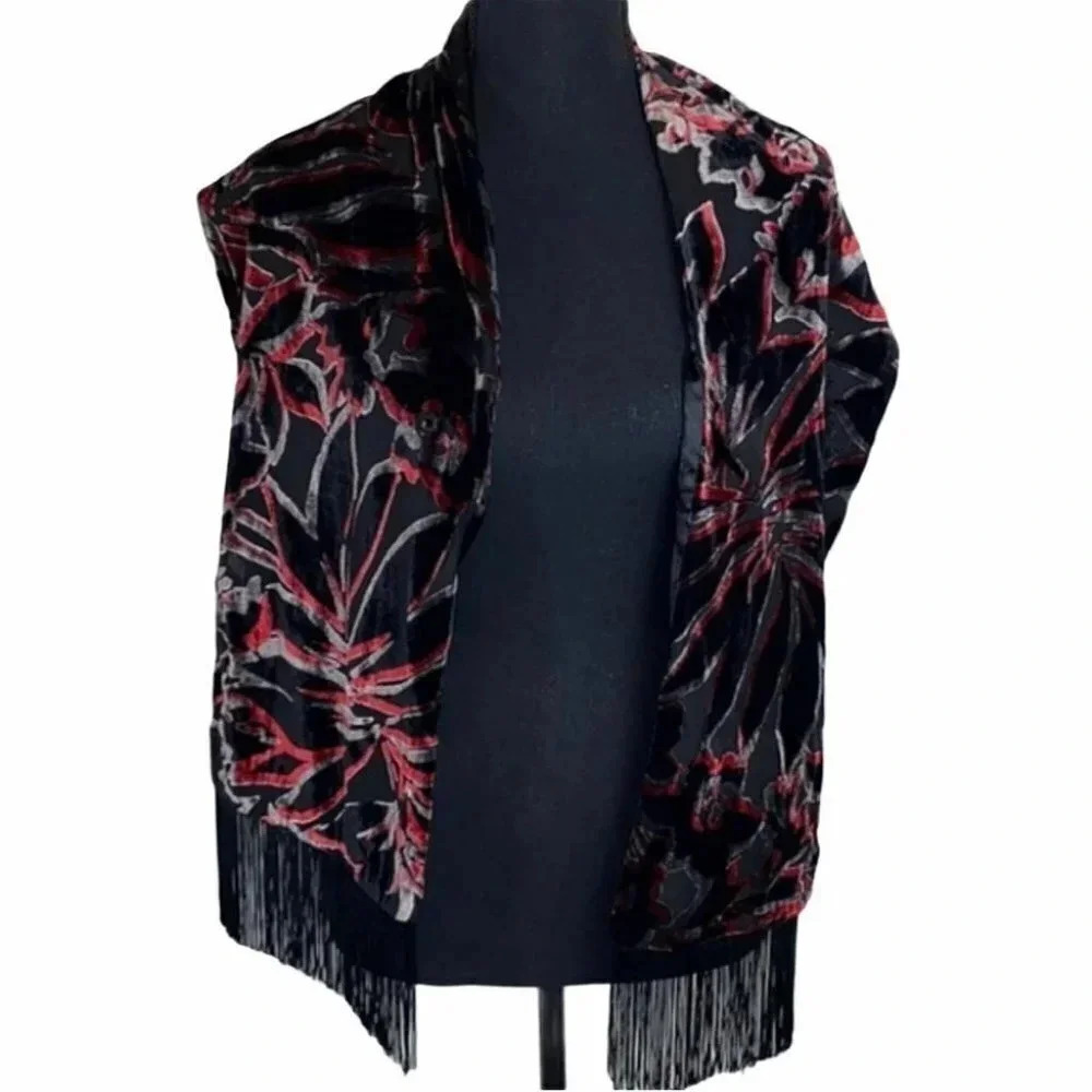 Gorgeous black/red/gray velvet scarf‎ with fringe